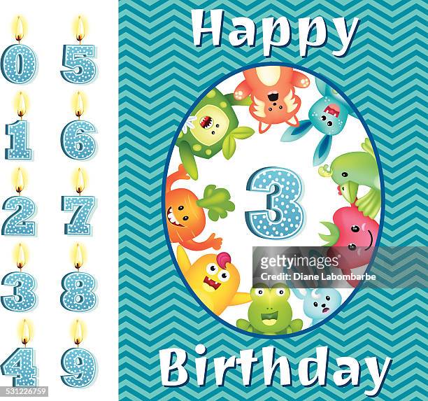 ilustrações, clipart, desenhos animados e ícones de juvenile modelo de cartão de aniversário com velas e bonito monstros - vela de aniversário