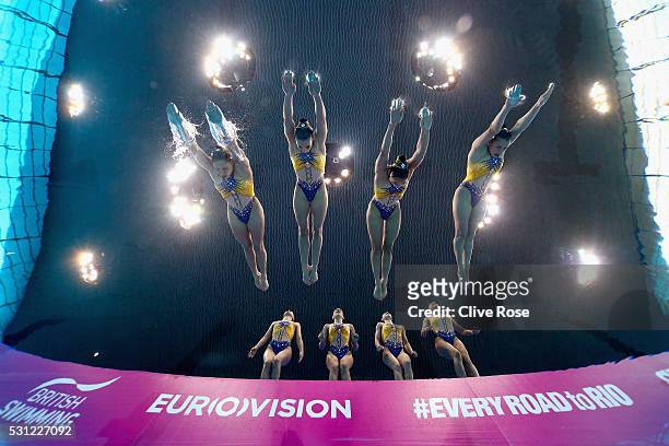 Team France compete in the Team Free Final on day five of the 33rd LEN European Swimming Championships 2016 at Aquatics Centre on May 13, 2016 in...