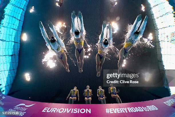 Team France compete in the Team Free Final on day five of the 33rd LEN European Swimming Championships 2016 at Aquatics Centre on May 13, 2016 in...