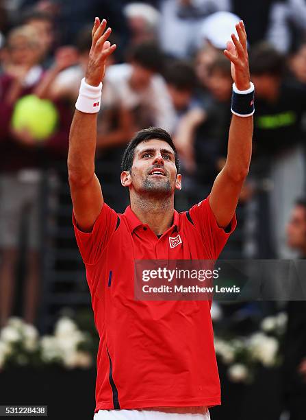 Novak Djokovic of Serbia celebrates winning his match against Rafa Nadal of Spain during day six of the The Internazionali BNL d'Italia 2016 on May...