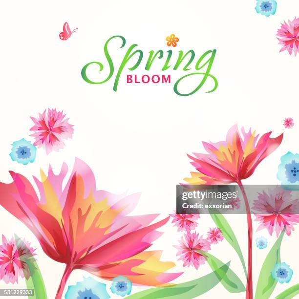whimsical spring flowers blooming in spring - flower-petals-background stock illustrations