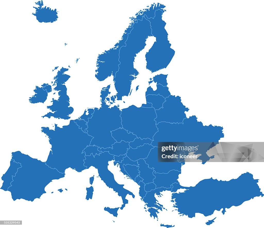 Europa einfachen blauen Weltkarte auf weißem Hintergrund
