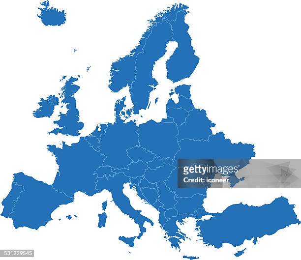 europa einfachen blauen weltkarte auf weißem hintergrund - land stock-grafiken, -clipart, -cartoons und -symbole
