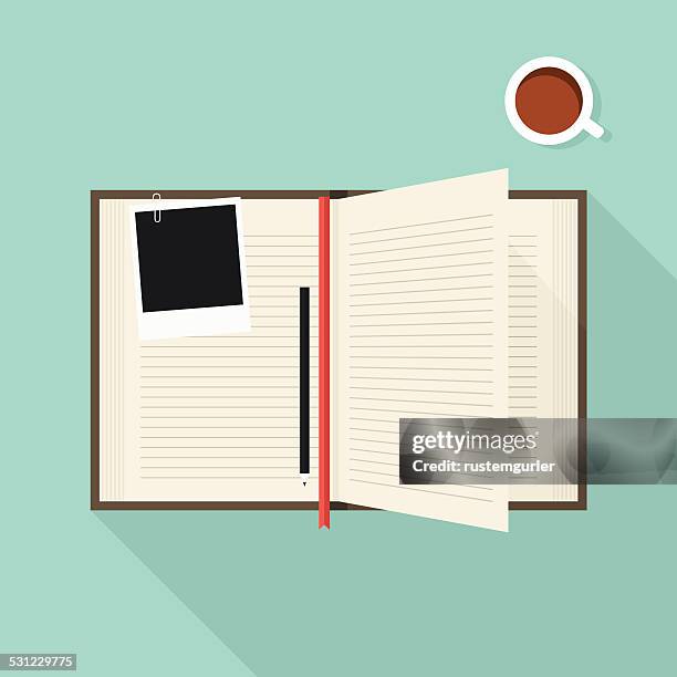 öffnen sie notebook und kaffeetasse - fotopapier stock-grafiken, -clipart, -cartoons und -symbole