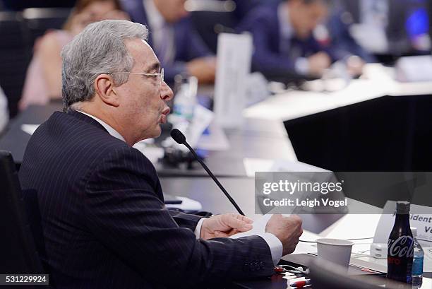 Former President of Colombia Alvaro Uribe Velez speaks on stage during Concordia The Americas, a high-level Summit on the Americas organized by...