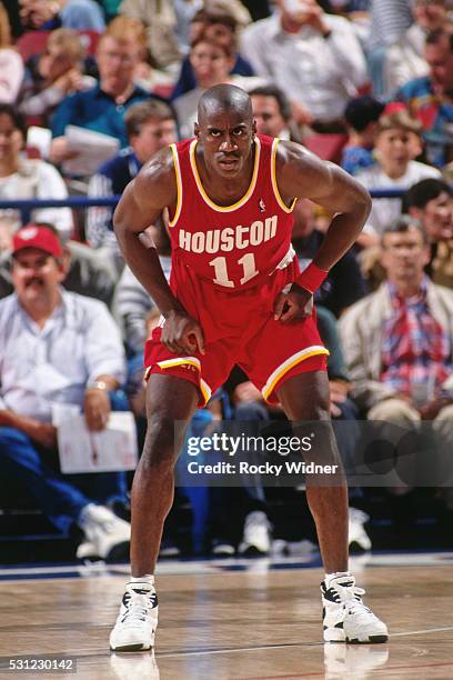 Vernon Maxwell of the Houston Rockets stands on the court during a game against the Sacramento Kings circa 1994 at the ARCO Arena in Sacramento,...