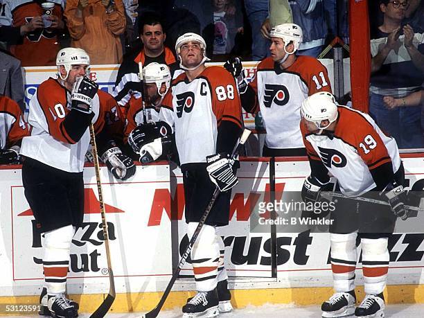 The Legion of Doom take a breather during the Eastern Conference semi-finals against the New York Rangers.