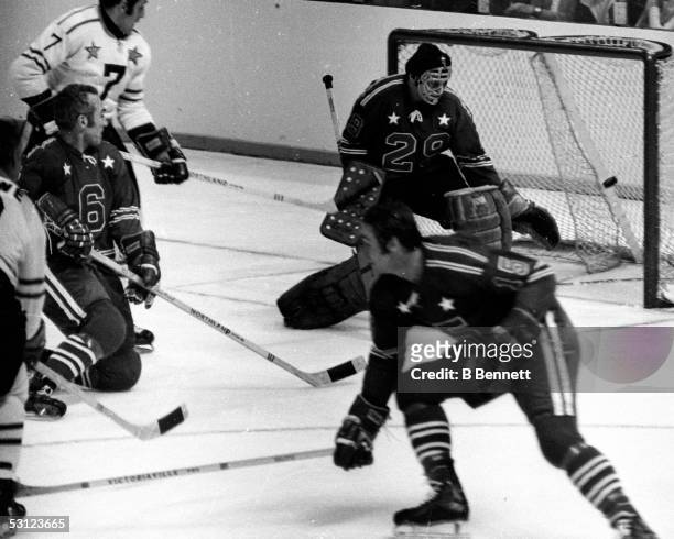 Phil Esposito, Harry Howell and goalie Ken Dryden in action during an All Star Game circa 1970's.