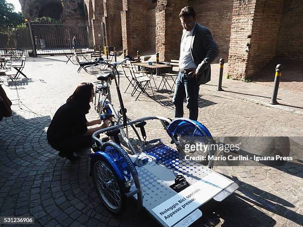 Matteo Lepore assessor for the promotion of the Bologna's municipality unveils the "Aspasso" bike for people with disabilities at Velostazione Dynamo...