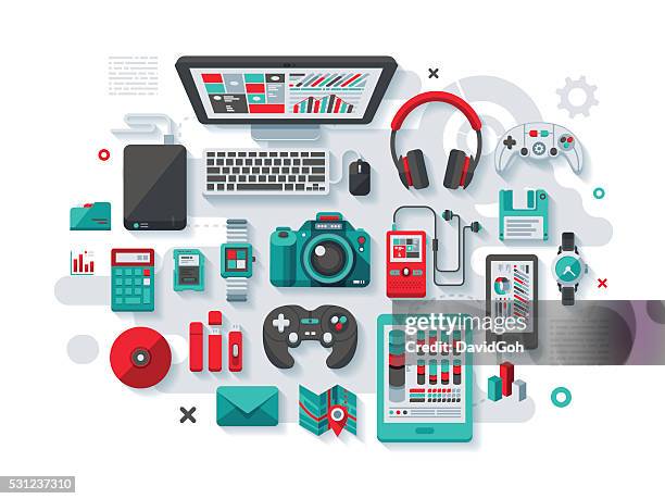 illustrations, cliparts, dessins animés et icônes de conception plat de bureau concept de design - équipement audio son vidéo