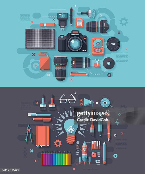 stockillustraties, clipart, cartoons en iconen met photography & creativity concept - digitale spiegelreflexcamera