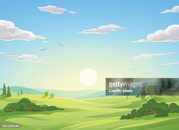 illustrations, cliparts, dessins animés et icônes de lever du soleil sur green hills - soleil