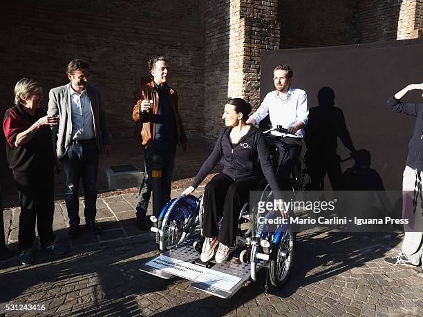 Matteo Lepore assessor for the promotion of the Bologna's municipality and Nicoletta Tinti italian ex olimpic gymnast and now disabled dancer unveils...