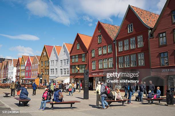 bryggen wharf in the city of bergen in norway - bergen stock pictures, royalty-free photos & images