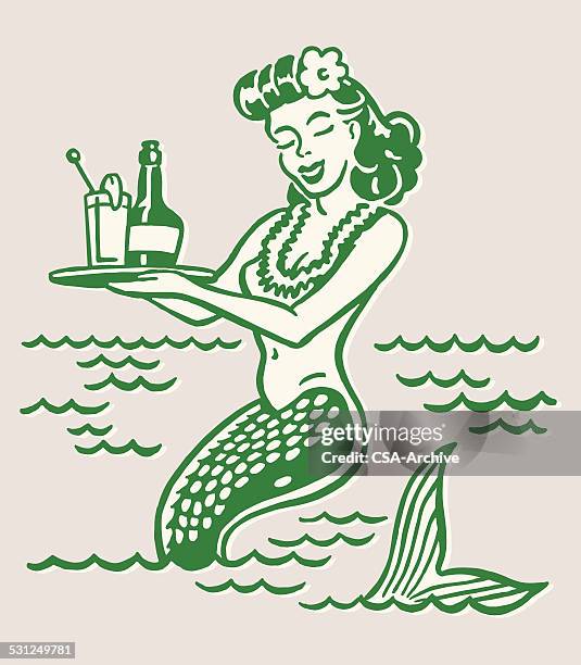 mermaid holding drinks on tray - mermaid 幅插畫檔、美工圖案、卡通及圖標
