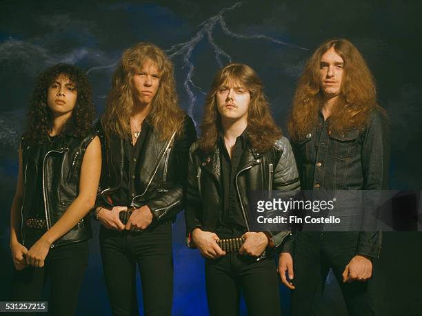 American heavy metal group Metallica, UK, 1985. Left to right: lead guitarist Kirk Hammett, singer and guitarist James Hetfield, drummer Lars Ulrich...