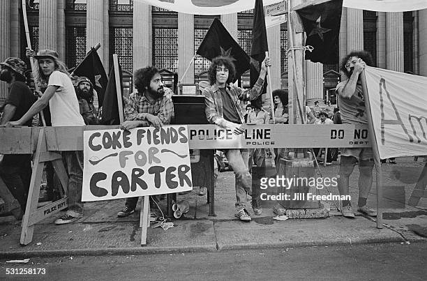 'Coke Fiends For Carter' at a political rally in support of presidential candidate Jimmy Carter, New York City, USA, 1976.