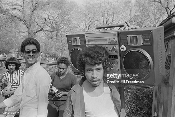 Young man with a Fisher PH 490 Boombox in Central Park, New York City, circa 1976.