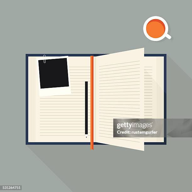open notebook and coffee cup - bracket household fixture stock illustrations