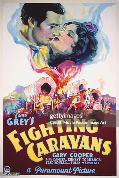 Poster for Otto Brower and David Burton's 1931 western 'Fighting Caravans' starring Gary Cooper and Lili Damita.