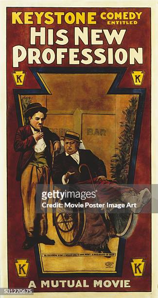 Poster for Charlie Chaplin's 1914 comedy short 'His New Profession' starring Jess Dandy.