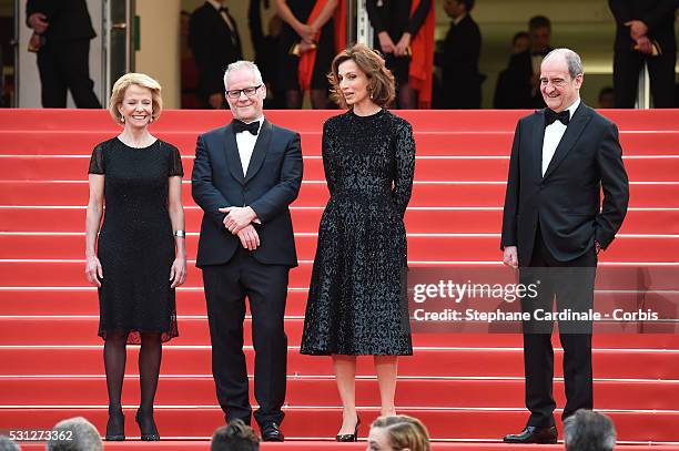 Frederique Bredin, Director of the festival Thierry Fremaux, Minister of the culture Audrey Azoulay and President of the Festival Pierre Lescure...