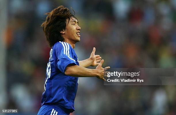 Shunsuke Nakamura of Japan celebrate after scoring a goal during the match between Japan and Brazil for the Confederations Cup 2005 at the...