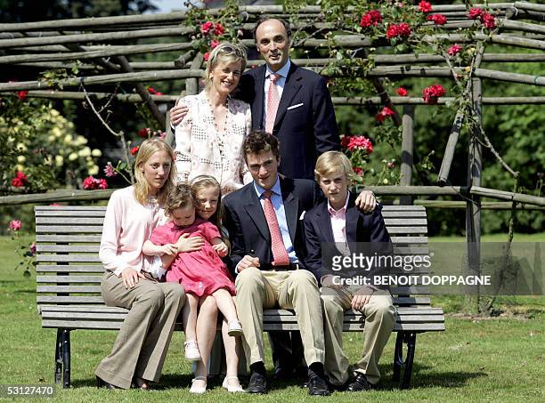 Belgian Prince Lorenz and Princess Astrid pose with their children Princess Maria-Laura, Princess Laetitia-Maria, Princess Louisa-Maria, Prince...