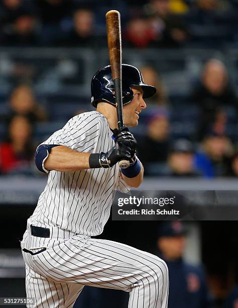 Dustin Ackley of the New York Yankees in action against the Boston Red Sox during a game at Yankee Stadium on May 6, 2016 in the Bronx borough of New...