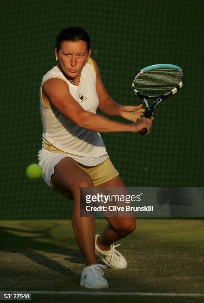 Antonella Serra Zanetti of Italy in action against Sofia Arvidsson of Sweden during the third day of the Wimbledon Lawn Tennis Championship on June...