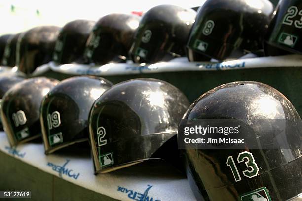 Detail of the Tampa Bay Devil Rays helmets during the game against the Boston Red Sox the game at Fenway Park on April 17, 2005 in Boston,...
