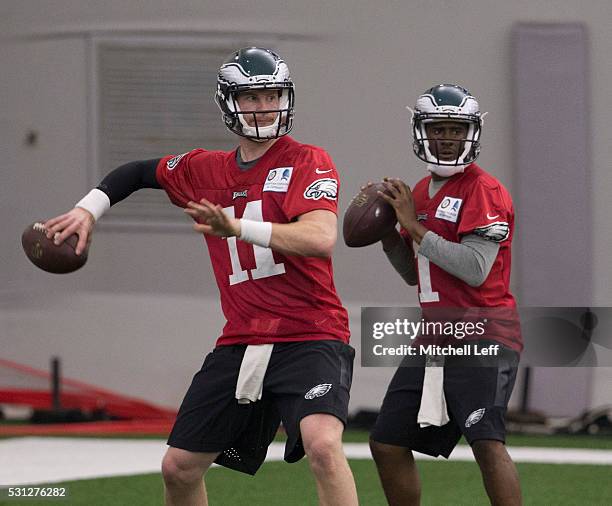 Carson Wentz and Everett Golson of the Philadelphia Eagles participate in rookie camp at the NovaCare Complex on May 13, 2016 in Philadelphia,...