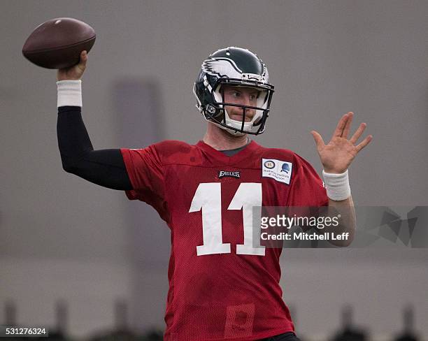 Carson Wentz of the Philadelphia Eagles participates in rookie camp at the NovaCare Complex on May 13, 2016 in Philadelphia, Pennsylvania.