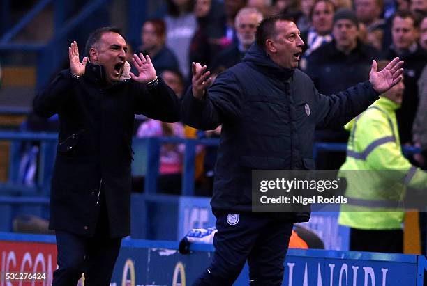 Carlos Carvalhal manager of Sheffield Wednesday reacts after Fernando Forestiri had his goal disallowed during the Sky Bet Championship Play Off...