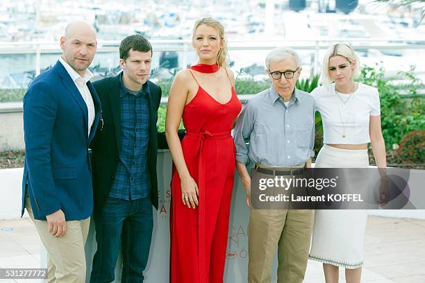 Corey Stoll, Jesse Eisenberg, Blake Lively, director Woody Allen and Kristen Stewart attend the 'Cafe Society' Photocall during the 69th Annual...