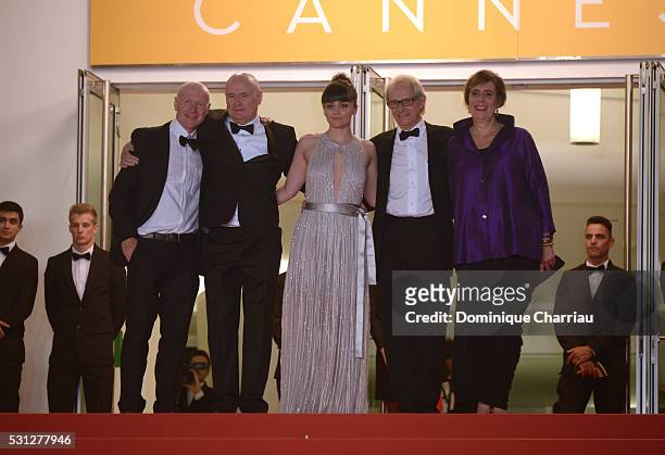Actors Paul Laverty, Dave Johns, actress Hayley Squires, director Ken Loach and actress Rebecca O'Brien attend the "I, Daniel Blake" premiere during...