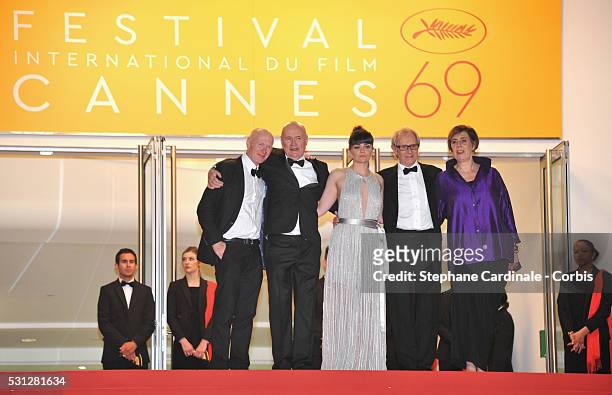 Actors Paul Laverty, Dave Johns, actress Hayley Squires, director Ken Loach and actress Rebecca O'Brien attend the "I, Daniel Blake" premiere during...