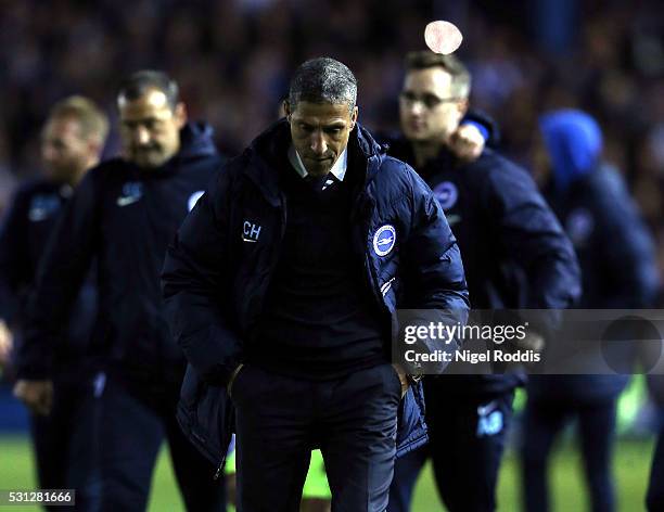 Chris Hughton, manager of Brighton & Hove Albion reacts after the Sky Bet Championship Play Off First Leg between Sheffield Wednesday and Brighton &...