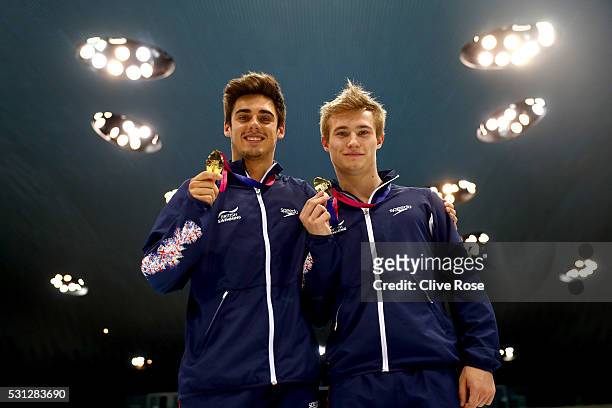 Christopher Mears and Jack Laugher of Great Britain pose with their gold medals after winning the Men's 3m Synchro Final on day five of the 33rd LEN...