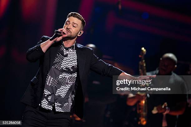 Justin Timberlake performs his new single "Can't Stop The Feeling" during the final dress rehearsal of the 2016 Eurovision Song Contest at Ericsson...