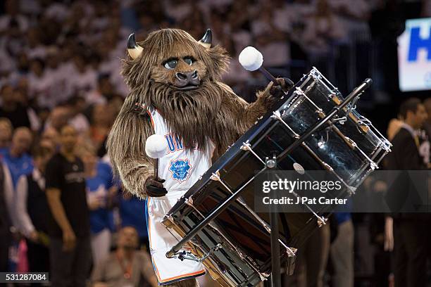 Rumble the Oklahoma City Thunder mascot entertains fans during Game Three of the Western Conference Semifinals as they play the San Antonio Spurs...