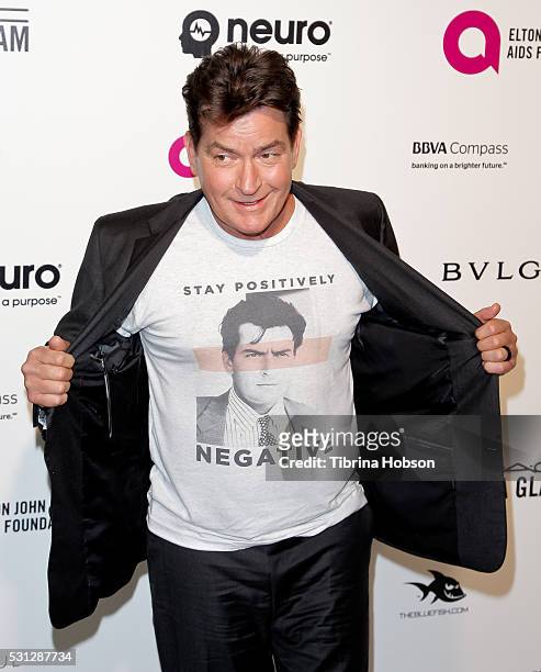 Charlie Sheen attends the 24th annual Elton John AIDS Foundation's Oscar Party on February 28, 2016 in West Hollywood, California.