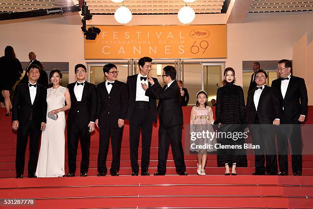 Producer Kim Woo-taek, Actor Yoo Gong, Director Sang-ho Yeon, Soo-an Kim, Actor Jung Yoo-Mi and guests attend the "Train To Busan " premiere during...