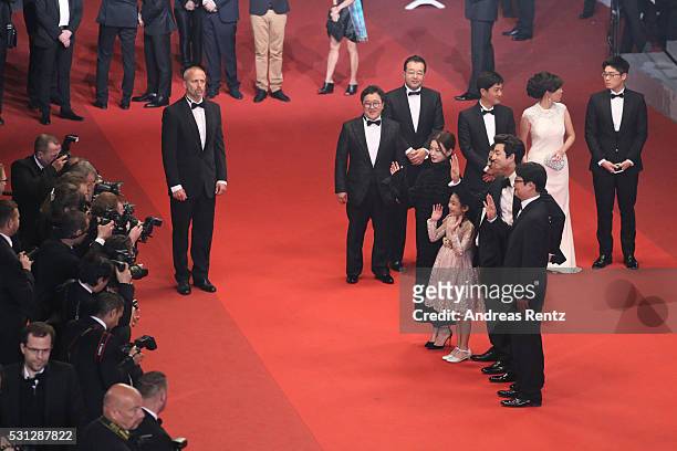 Actress Jung Yu-mi, Soo-an Kim, director Sang-ho Yeon, actor Yoo Gong and guets attend the "Train To Busan " premiere during the 69th annual Cannes...