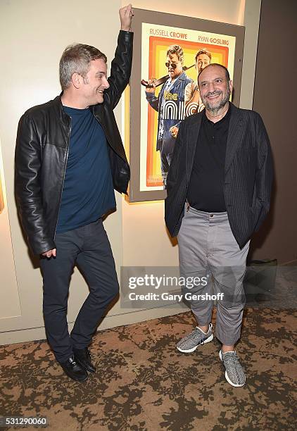 Writer/director Shane Black and producer Joel Silver pose for a picture following "The Nice Guys" New York screening at HBO Screening Room on May 13,...