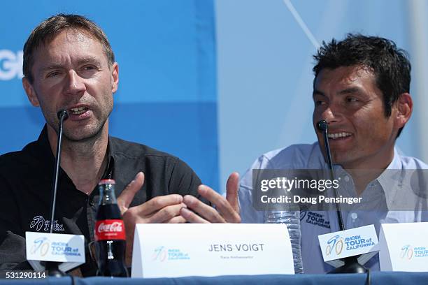 Race ambassadors Jens Voigt of Germany and Freddie Rodriguez address the media during a press conference at the San Diego Yacht Club ahead of the...