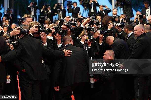 View of the photographers during the "I, Daniel Blake" premiere during the 69th annual Cannes Film Festival at the Palais des Festivals on May 13,...