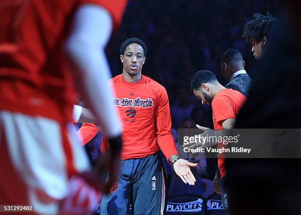 DeMar DeRozan of the Toronto Raptors is introduced prior to the first half of Game Five of the Eastern Conference Semifinals against the Miami Heat...