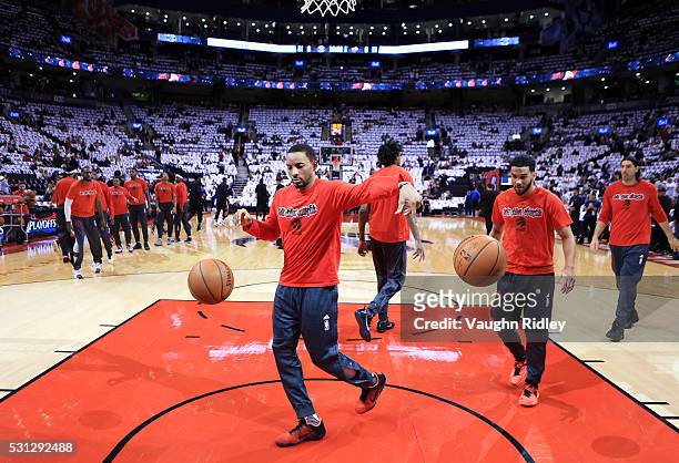 Norman Powell and Cory Joseph of the Toronto Raptors warmup prior to the first half of Game Five of the Eastern Conference Semifinals against the...