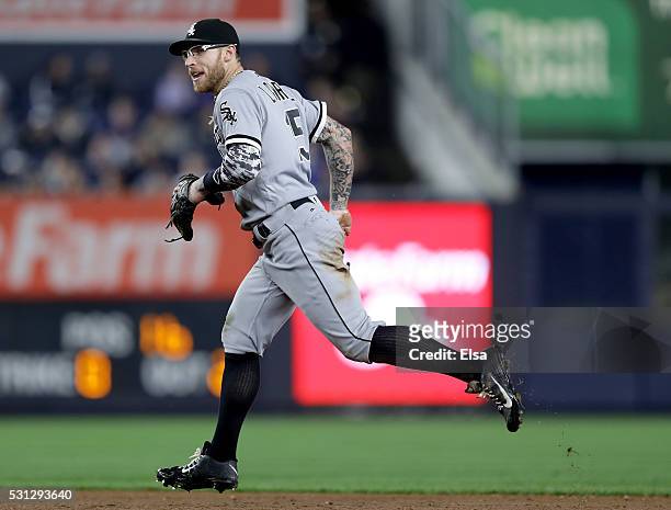 Brett Lawrie of the Chicago White Sox celebrates after the final out of the sixth inning against the New York Yankees at Yankee Stadium on May 13,...
